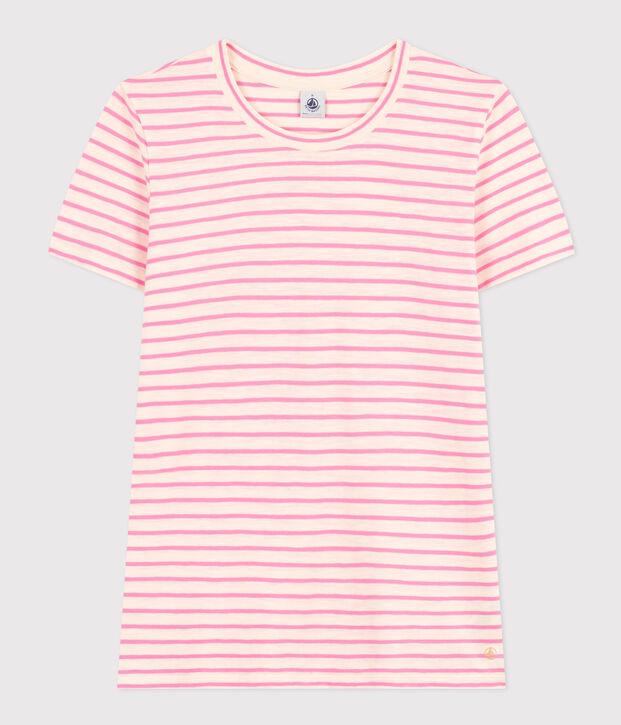 Damen-T-Shirt Le Droit aus Baumwolle, mit Rundhalsausschnitt und Streifen naturfarben/rosa