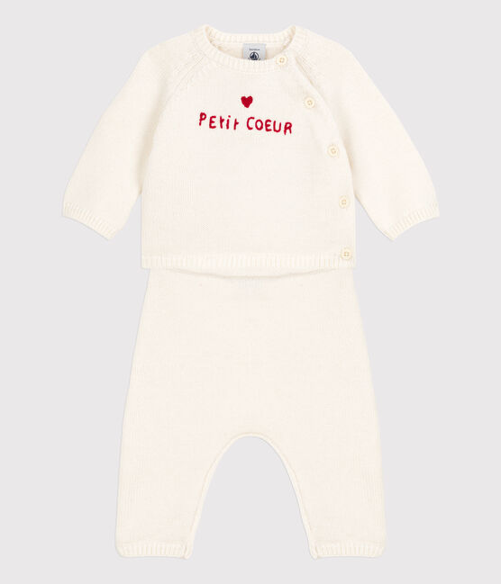 Zweiteiliges Baby-Set aus Woll- und Baumwoll-Strick weiss MARSHMALLOW