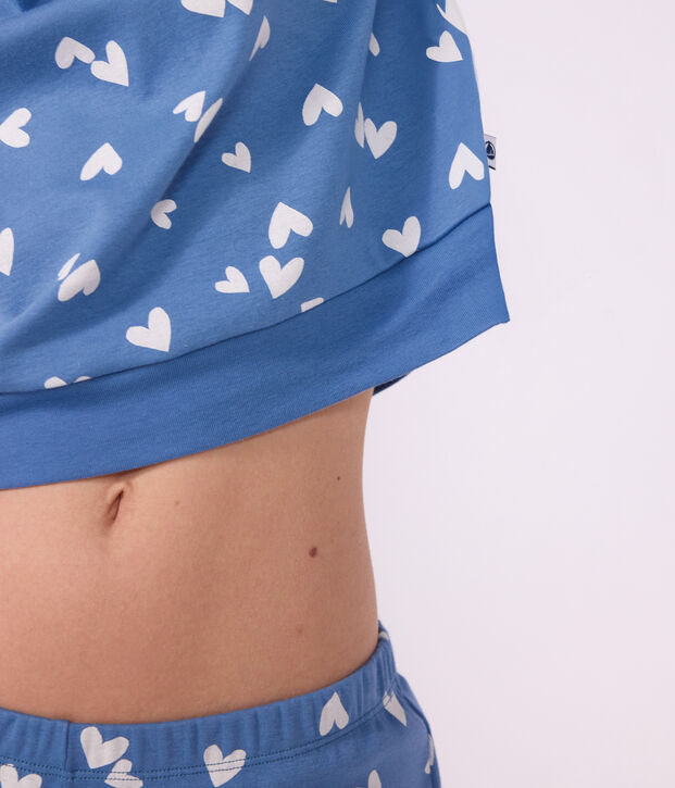 Damen-Pyjama aus Baumwolle mit Herzmotiv blau/weiss