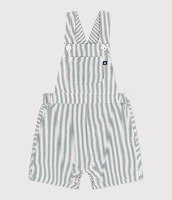 Kurzbeinige Baby-Latzhose aus Baumwolle mit Streifen weiss MARSHMALLOW/blau BRUT