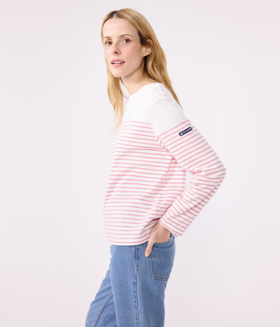 Langärmeliges Damen-T-Shirt "Marinière" aus Baumwolle weiss MARSHMALLOW/rosa CHARME