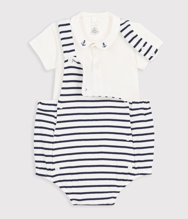 2-teiliges Baby-Set aus Baumwolle mit Streifen und Stickereien weiss/blau