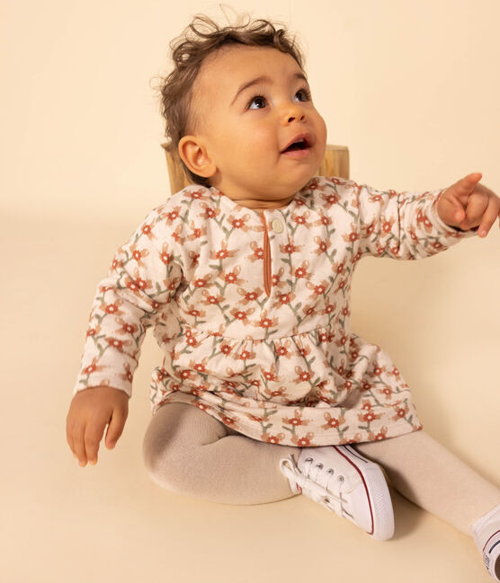 Bedrucktes langärmeliges Babykleid aus gestepptem Doppeljersey weiss AVALANCHE/ MULTICO