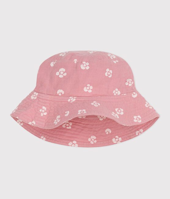 KINDERMÜTZE AUS BAUMWOLLGAUZE MIT ROSA BLUME UND CAPLINE rosa CHARME/weiss MARSHMALLOW