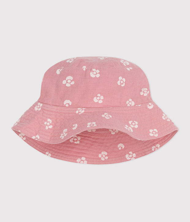 KINDERM&Uuml;TZE AUS BAUMWOLLGAUZE MIT ROSA BLUME UND CAPLINE rosa/weiss