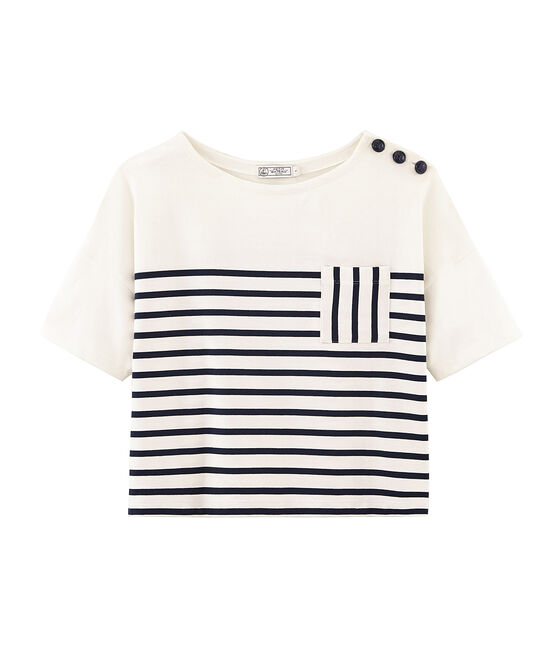 Kurzärmeliges seemannshemd damen weiss MARSHMALLOW/blau SMOKING