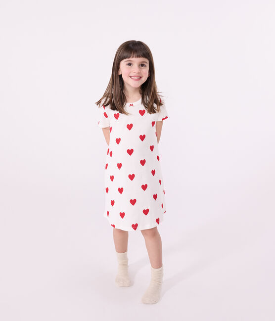 Kindernachthemd aus Baumwolle mit Herzmotiv für Mädchen weiss MARSHMALLOW/rot TERKUIT