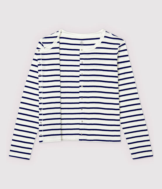 Cardigan aus gestreifter Baumwolle/Leinen Damen weiss MARSHMALLOW/blau MEDIEVAL