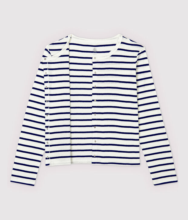 Cardigan aus gestreifter Baumwolle/Leinen Damen weiss/blau