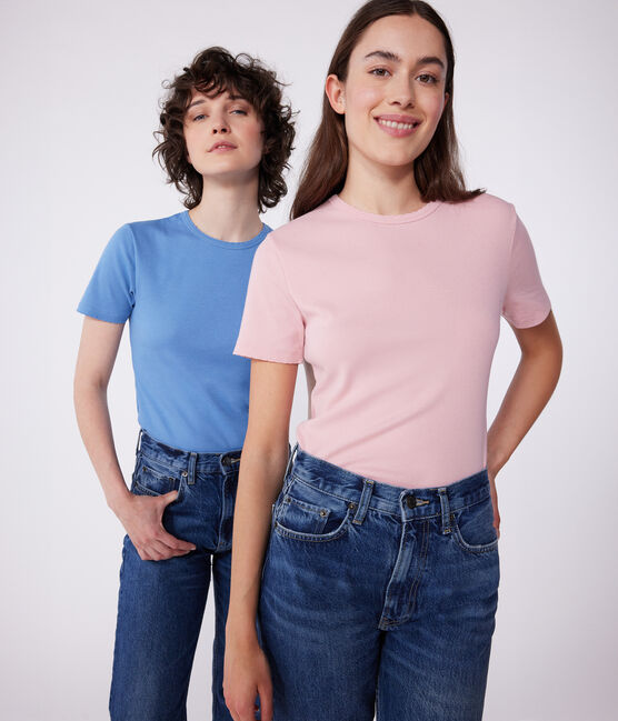 Damen-T-Shirt L’ICONIQUE aus einfarbiger Baumwolle mit Pikotkante rosa CHARME