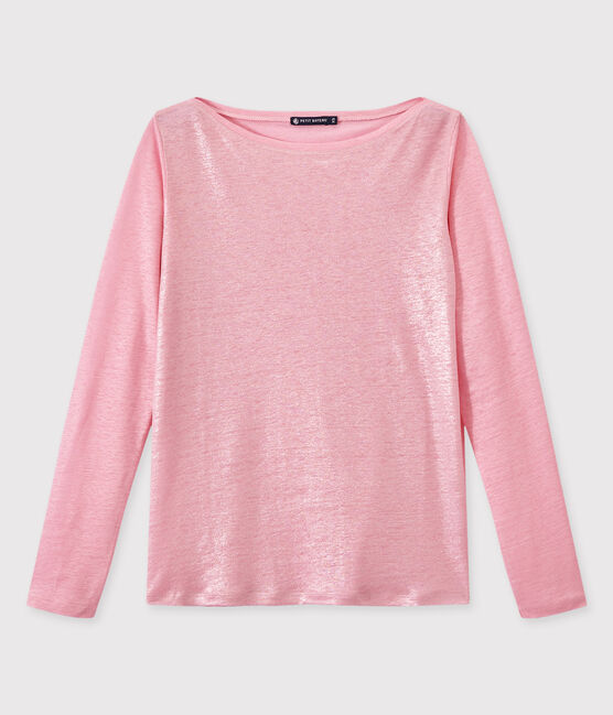Damen-Langarmshirt aus irisierendem Leinen rosa BABYLONE/grau ARGENT