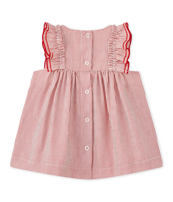 Gestreiftes Baby-Mädchen-Kleid aus Popeline weiss LAIT/rot TERKUIT