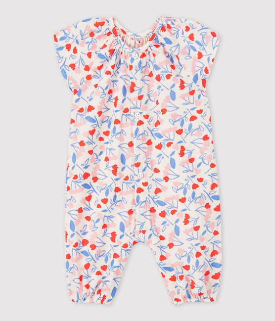 Langer Baby-Overall aus Bio-Baumwoll-Windelstoff mit floralem Muster für Mädchen rosa FLEUR/weiss MULTICO