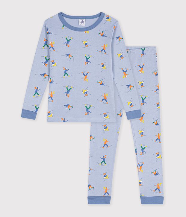 Eng anliegender Kinder-Pyjama aus gemusterter Baumwolle blau/weiss/vielfarbig