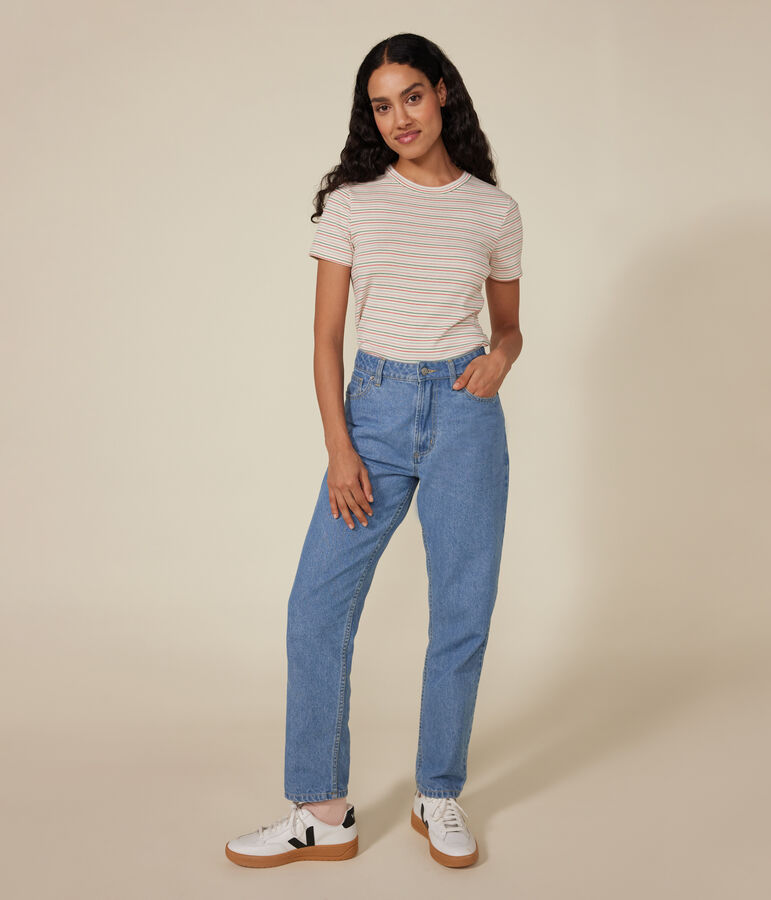 Kurz&auml;rmeliges Damen-T-Shirt L'Iconique aus gestreiftem Rippstrick naturfarben/vielfarbig