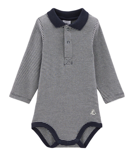 Langärmliger Baby-Body mit Polokragen für Jungen blau SMOKING/weiss LAIT