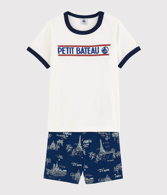 Kinder-Kurzpyjama aus Baumwolle mit Paris-Motiv im Toile-de-Jouy-Stil für Jungen blau MEDIEVAL/weiss MULTICO