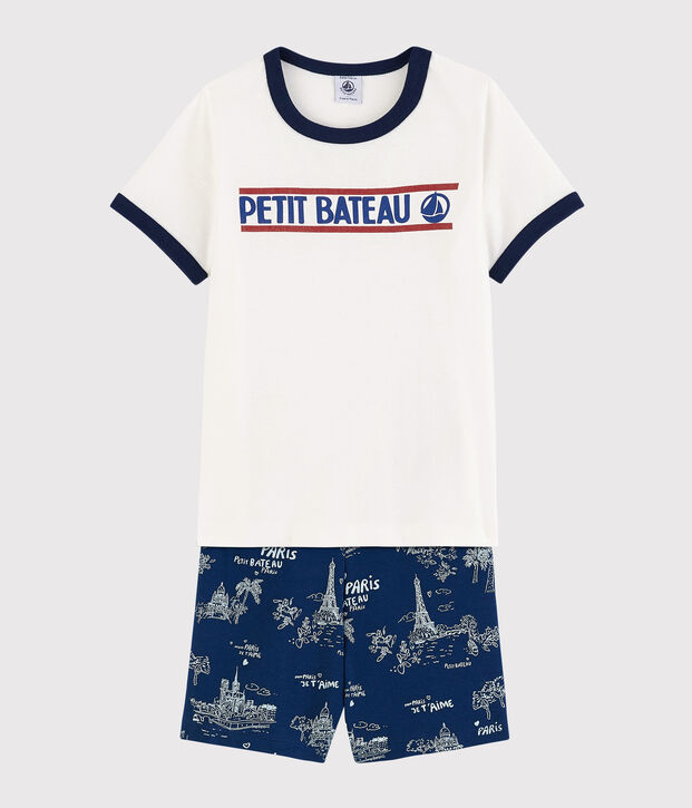 Kinder-Kurzpyjama aus Baumwolle mit Paris-Motiv im Toile-de-Jouy-Stil f&uuml;r Jungen blau/vielfarbig