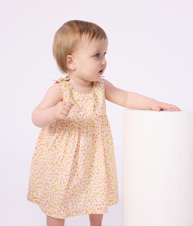 &Auml;rmelloses Baby-Kleid aus gemusterter Baumwolle weiss/vielfarbig
