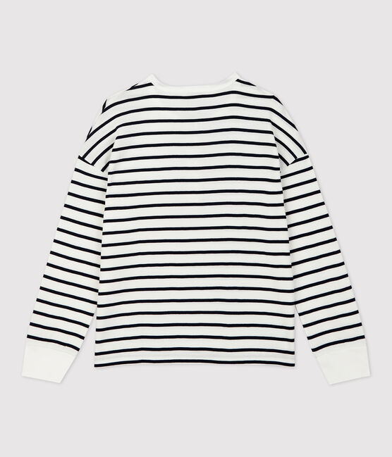 Baumwoll-T-Shirt mit Marinestreifen und Kragen mit Knopfleiste Damen weiss MARSHMALLOW/blau SMOKING