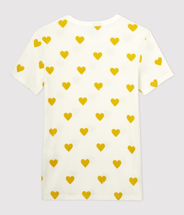 Baumwoll-T-Shirt mit Rundhalsausschnitt und Herz-Applikation Damen weiss/gelb