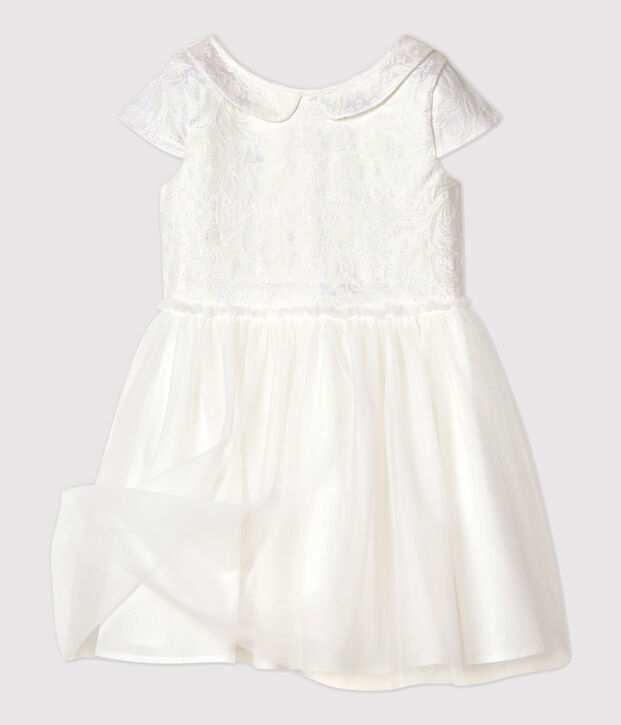 Kinder-Festtagskleid aus Jacquard und T&uuml;ll f&uuml;r M&auml;dchen weiss