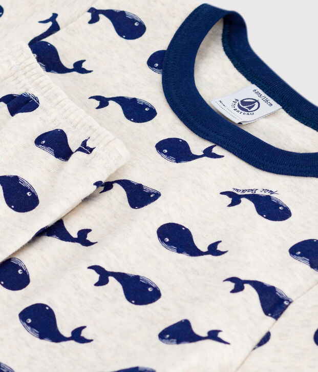 Kurz&auml;rmeliger Kinder-Pyjama mit langen Beinen aus bedruckter Baumwolle beige/blau