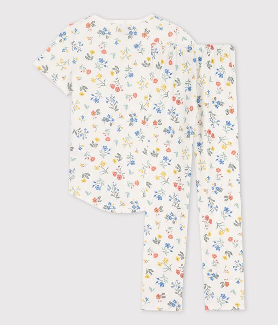 Kurzärmeliger Kinderpyjama aus Baumwolle mit Blumen für Mädchen weiss MARSHMALLOW/weiss MULTICO