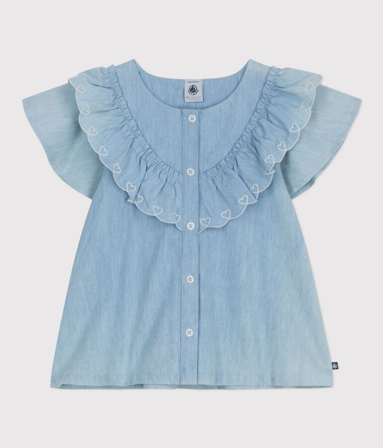 Kurz&auml;rmelige Kinder-Bluse aus einfarbiger Baumwolle blau BLEU CLAIR