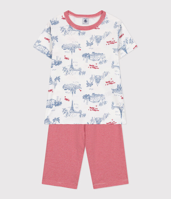 Halblanger Kinder-Kurzpyjama aus Baumwolle mit Paris-Motiven weiss MARSHMALLOW/weiss MULTICO