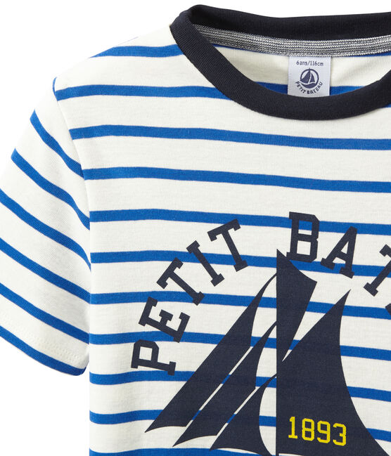 Bedrucktes Jungen-T-Shirt mit Streifen weiss MARSHMALLOW/blau PERSE