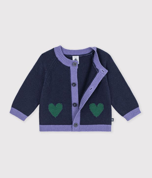 Baby-Cardigan aus Woll- und Baumwollstrick mit Herz-Jacquardmuster blau/vielfarbig