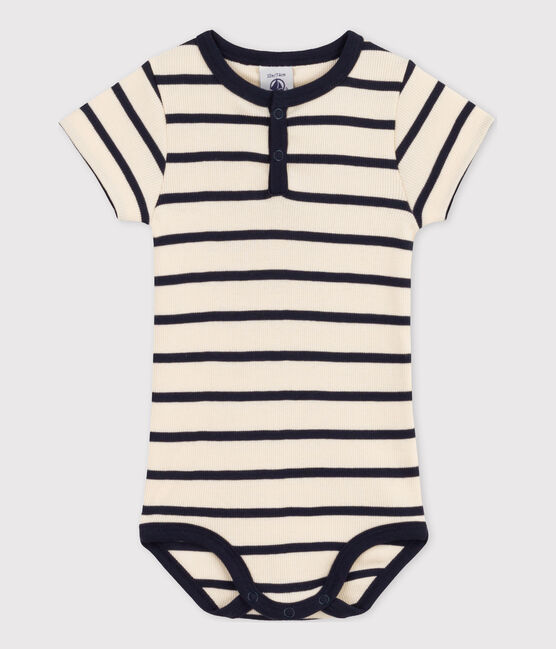Kurzärmeliger Baby-Body aus Rippstrick mit Streifen weiss AVALANCHE/blau SMOKING