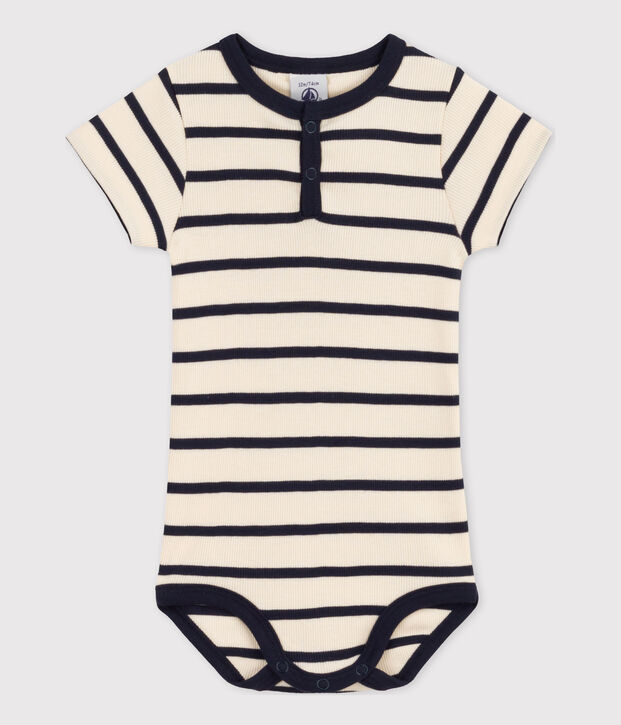 Kurz&auml;rmeliger Baby-Body aus Rippstrick mit Streifen naturfarben/blau