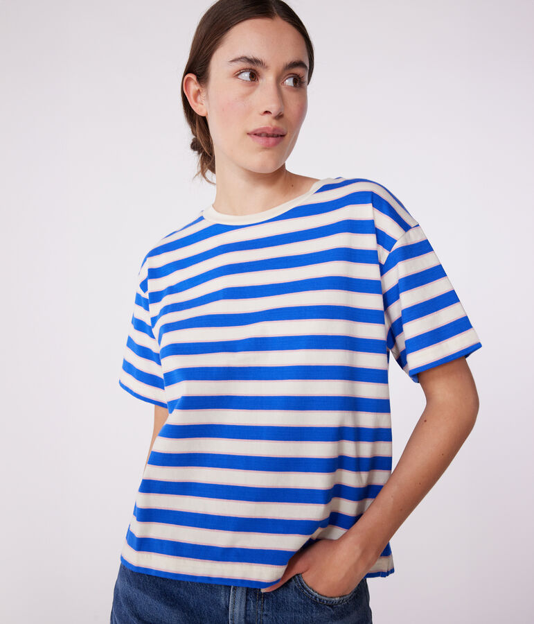 Damen-T-Shirt Le Boxy aus Baumwolle mit Streifen naturfarben/vielfarbig