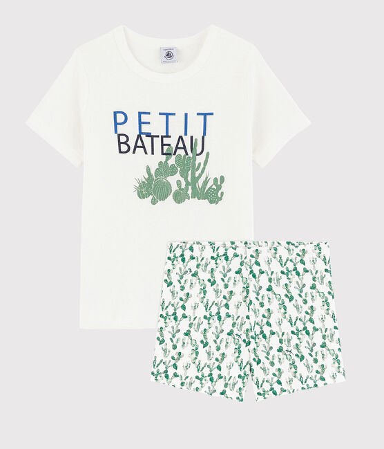 Kinder-Kurzpyjama aus Baumwolle und Leinen mit Kaktusmotiv für Jungen weiss MARSHMALLOW/weiss MULTICO