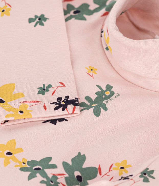 Kinder-Rollkragenshirt aus Baumwolle f&uuml;r M&auml;dchen, mit Blumenmuster rosa/vielfarbig