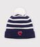 Baby-Strickm&uuml;tze mit Streifen und Fleece-Futter blau/naturfarben