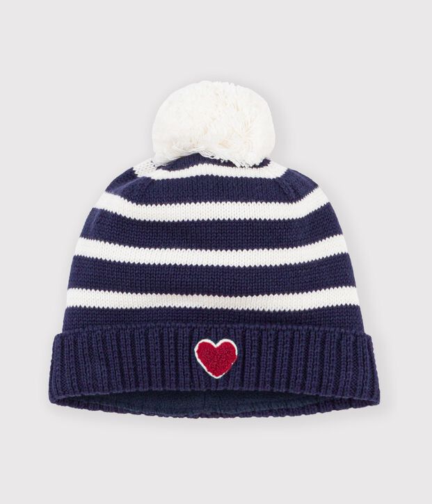 Baby-Strickm&uuml;tze mit Streifen und Fleece-Futter blau/naturfarben