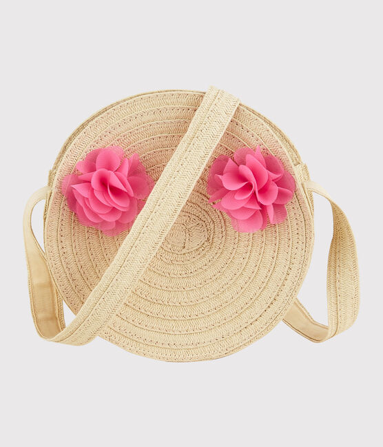 Kleine, runde Kinder-Strohtasche mit Schulterriemen für Mädchen rosa NATUREL