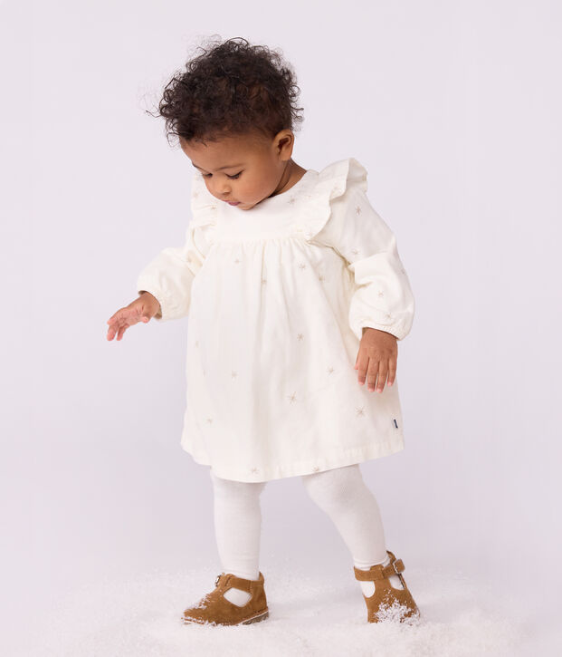 Lang&auml;rmeliges Baby-Kleid aus Fein-Cord mit Allover-Stickereien naturfarben/grau