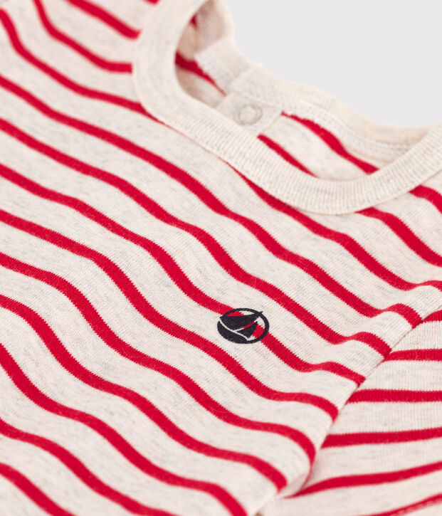 Kurz&auml;rmeliges Baby-T-Shirt aus gestreifter Baumwolle beige/rot