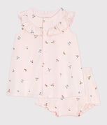 Kurzärmeliges Babykleid aus Baumwolle und Bloomer mit Fruchtmuster rosa FLEUR/weiss MULTICO