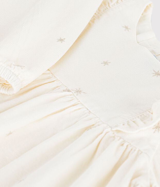 Lang&auml;rmeliges Kinder-Kleid aus einfarbigem Fein-Cord. naturfarben/grau