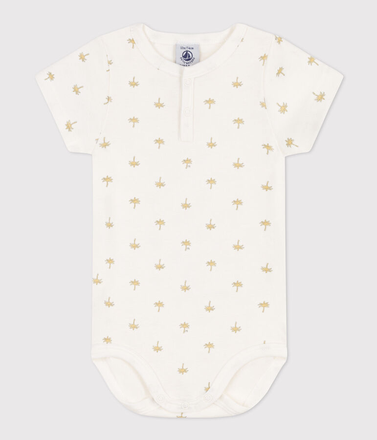 Kurz&auml;rmeliger Baby-Body aus Baumwolle mit Palmenmotiv weiss MARSHMALLOW/weiss MULTICO