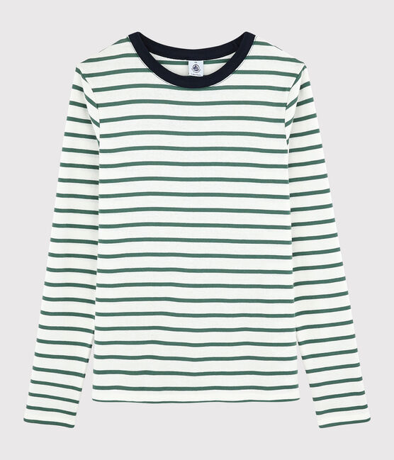 Damen-T-Shirt aus Baumwolle mit Rundhalsausschnitt weiss MARSHMALLOW/grün VALLEE