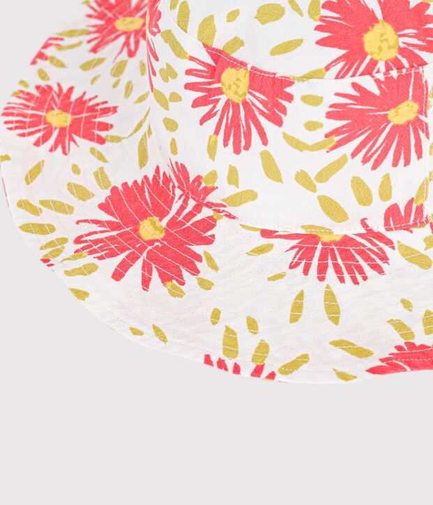 Breitkrempiger Kinder-Sonnenhut aus Popeline mit Blumenmuster weiss/vielfarbig