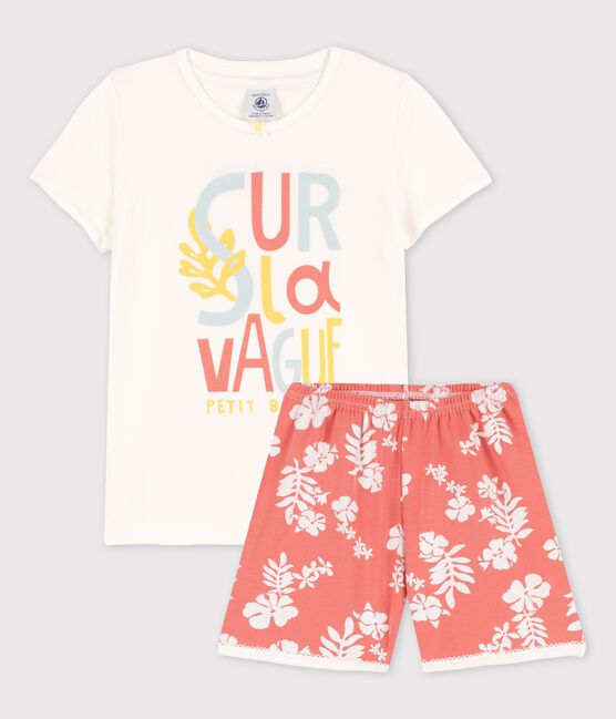 Kinder-Kurzpyjama aus Baumwolle mit Hawaii-Muster für Mädchen weiss MARSHMALLOW/ PAPAYE