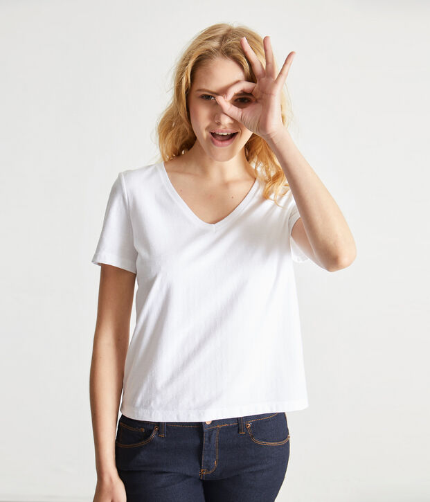 Damen-T-Shirt &bdquo;COL V&ldquo; aus feinem Jersey weiss