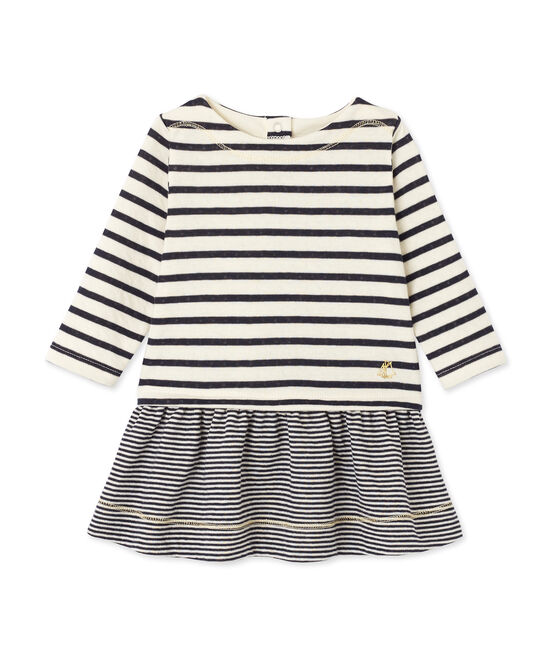 Gestreiftes Baby-Mädchen-Kleid beige COQUILLE/blau SMOKING
